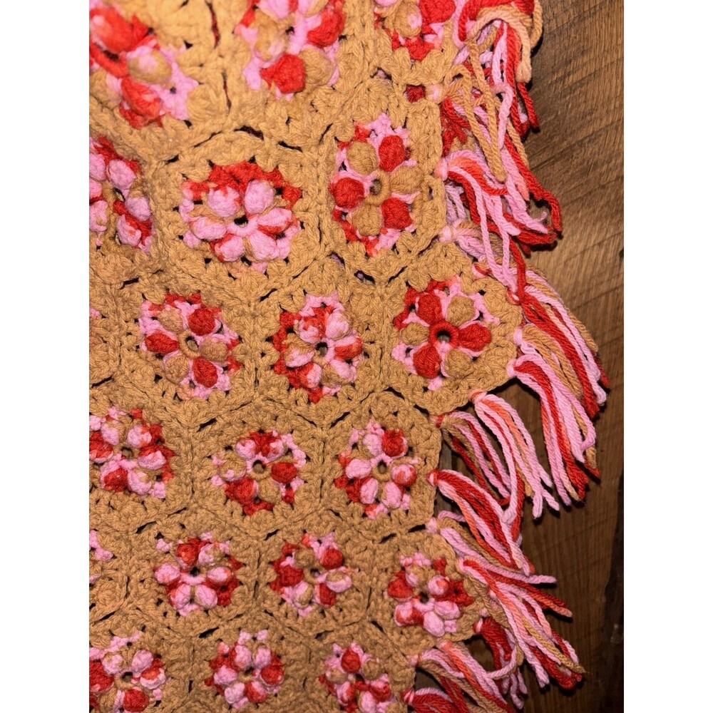 Crocheted Afghan Honeycomb Throw Blanket 3D Pink and Red Flowers 42" x 67”